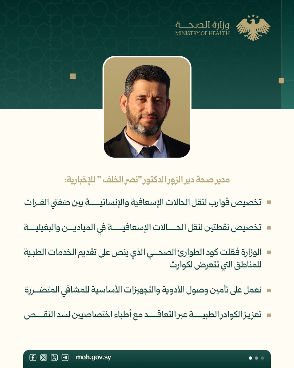 استجابةً لتداعيات فيضان الفرات: مدير صحة دير الزور يوضح خطة الوزارة الطارئة لتعزيز الخدمات الطبية