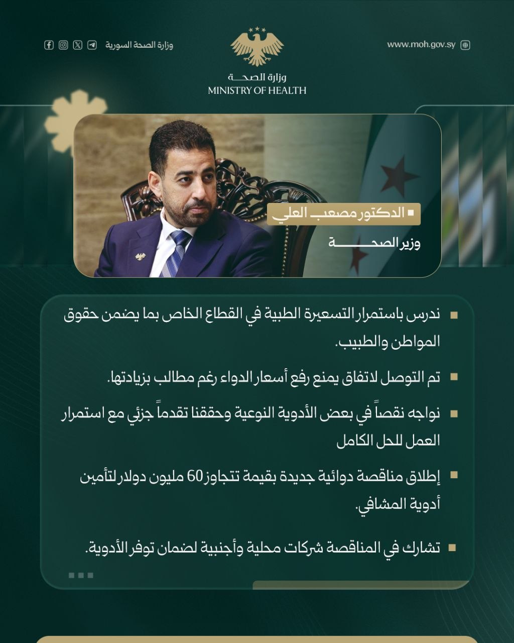 الدكتور "مصعب العلي": لا رفع لأسعار الدواء ونواصل العمل لتأمين الأدوية النوعية وضمان الاستقرار الدوائي