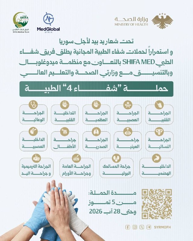 تُعلن وزارة الصحة عن فتح باب التسجيل الإلكتروني للمرضى الراغبين بالاستفادة من خدمات حملة "شفاء 4 الطبية"