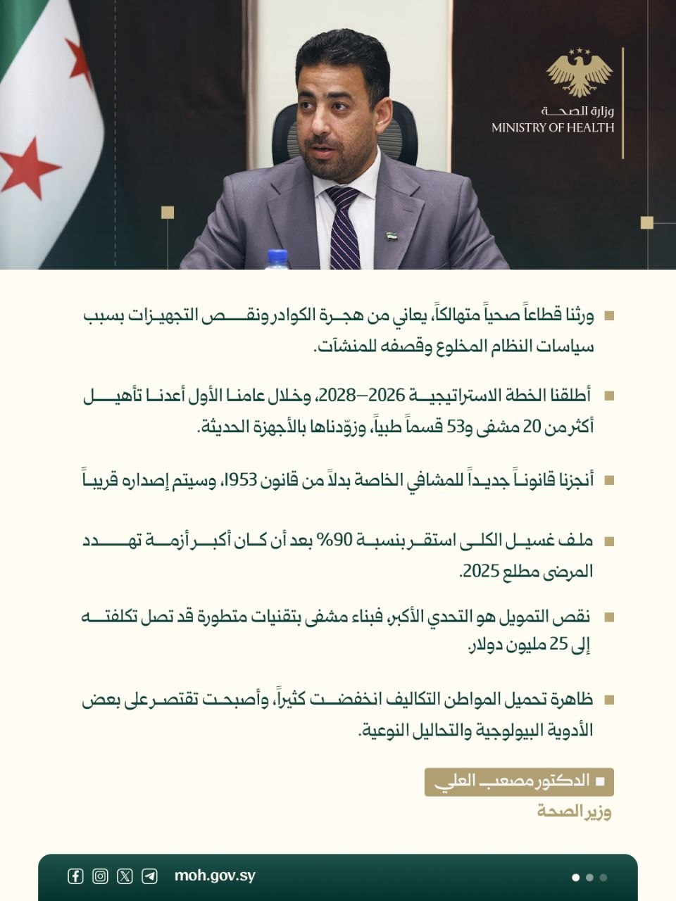 وزير الصحة لـِتلفزيون سوريا: "نعمل على معالجة النقص في الأدوية النوعيّة والسرطانية... وملف المفصولين في مراحله النهائية"