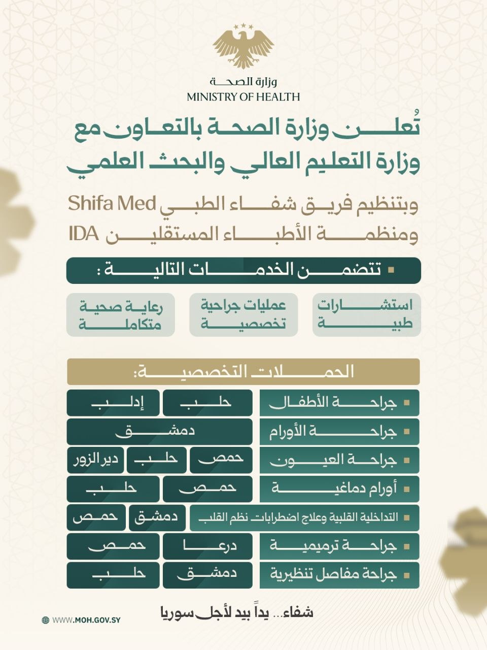 حملة شفاء 3 تقدّم خدمات طبية وجراحية تخصصية مجاناً في عدة محافظات سورية ستُجرى العمليات للمرضى المسجلين سابقاً